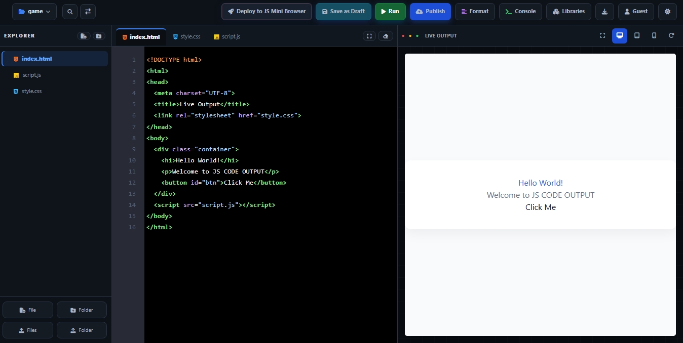 JS CODE OUTPUT workspace and live preview